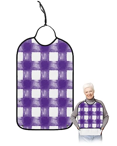 Purple White Plaid Adult Bibs for Eating, Waterproof Bibs with Food Catcher & Adjustable Snap Closure, Watercolor Farmhouse Checkered Washable Clothing Protectors Adult Bibs for Elderly Women/Men