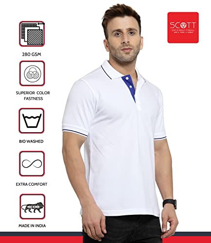 Image of Scott International Men's Organic Cotton Regular Fit Polo T-Shirt (White with Blue, Medium)