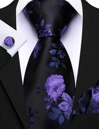 Image of Barry.Wang Flower Ties for Men Silk Woven Floral Tie Sets Necktie Handkerchief Cufflinks Wedding Party