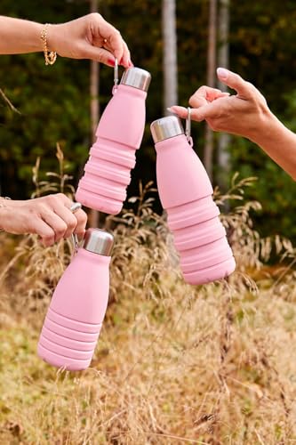 Image of ZENOVIA Collapsible Silicone Water Bottle with Clip | Foldable Leakproof BPA-Free Travel Water Bottle | Portable Reusable Drinking Bottle for Gym, Hiking, Camping, Office & Kids | Pink Pack of 1