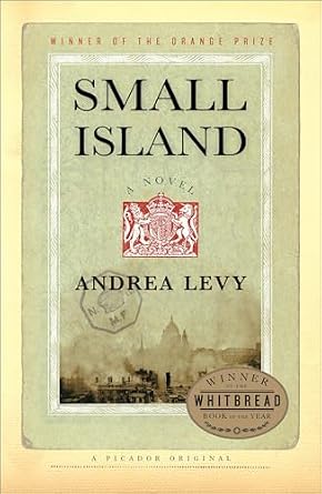 Small Island yellow, faded book cover featuring a hazy image of London with an old passport stamp under the title in a royal font.