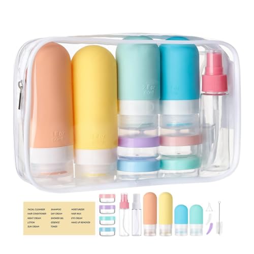 Juego de 16 Botellas de Viaje, recipientes de Silicona a Prueba de Fugas para artículos de tocador, Accesorios Recargables para champú, loción y Cuerpo