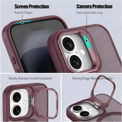 Image of Elzzi Kickstand Case for iPhone 16 Case Compatible with MagSafe, Built-in Adjustable Camera Guard Stand, Translucent Matte Anti-Fingerprint Heavy Duty Shockproof Phone Cover - Cherry