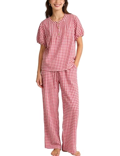 Flygo Gingham Pajamas for Women Short Sleeve Babydoll Set Cute 2 Piece Henley Top Wide Leg Pants Lounge Pjs Sets(Red-XL)