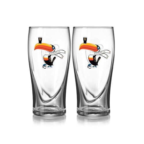 Image of Guinness Official Gravity Beer Pint Glasses 2 Pack - Special Edition Soccer Toucan Design - Large 20oz Heavy Duty Irish Stout Glasses - Set of 2 Collectible Football Fan Glassware