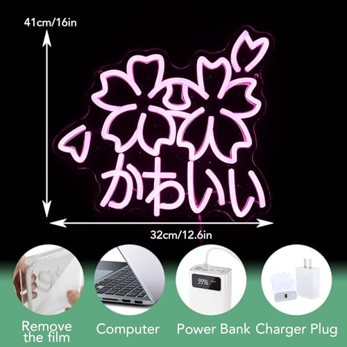 Image of Kawaii かわいいLed Neon Light Sign Japanese Cherry Blossoms Light Up Wall Decor Sign Girls' Room Decoration Birthday Party Christmas Neon Sakura Light (Pink)