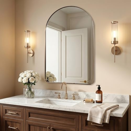 Image of ANDY STAR Brushed Champagne Bronze Arched Bathroom Mirror 22x35 Inch | Stainless Steel Metal Frame, HD Glass, Bathroom Vanity Mirror for Over Sink, Modern Design Wall Mounted, MDF Backboard