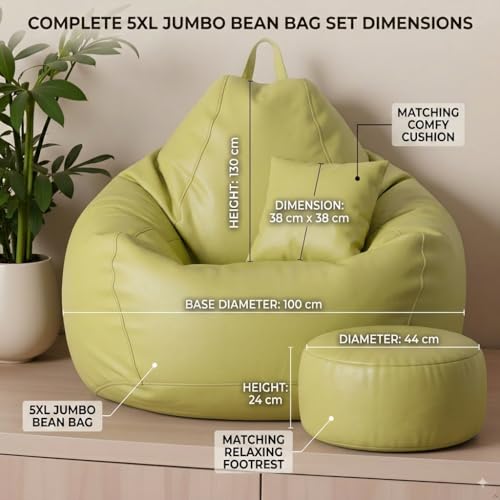 Image of KAM'S LIEU 6XL Luxury Faux Leather Bean Bag with Footrest & Cushion | Pre-Filled High-Density Polystyrene Beans | Premium Leatherette |Teardrop Handle Design | 6 Months Warranty Color- Olive Green