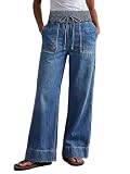 Flamingals Straight Leg High Rise Jeans Wash Drawstring Shirred Loose Fit Casual Denim Jeans with Patch Pocket Mid Blue 2XL