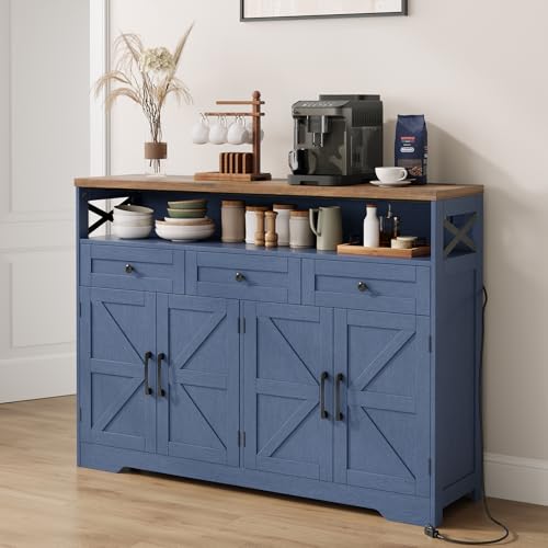 Image of 51 inch Blue Buffet Sideboard Cabinet, Farmhouse Storage Cabinet Kitchen Pantry | with Shelf and Drawers, Wood Cupboard Hutch Cabinet, Coffee Bar Station Table for Kitchen, Living Room, Dining Room