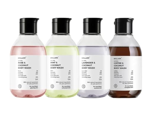 Image of Natural Body Wash Set, Rose, Mint, Coffee and Lavender with Coconut, 200ml Each, Pack of 4. Gift Set.