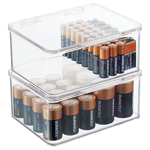 Mdesign Plastic Small Stackable Divided Battery Storage Organizer Box With Hinged Lid For Aa, Aaa, C, D, 9 Volt Sizes, Great Storage For Kitchens, Home Offices, And Utility Rooms - 2 Pack - Clear #TOP28