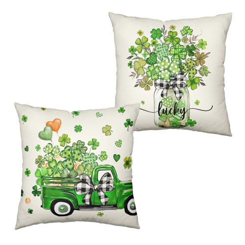 Kwlegh St. Patrick's Day Pillow Covers Lucky Truck Filled with Shamrock Pillow Cases 22x22 Set of 2 Clover Vase Cushion Cases for Spring March Holiday St Patrick Couch Home Decor