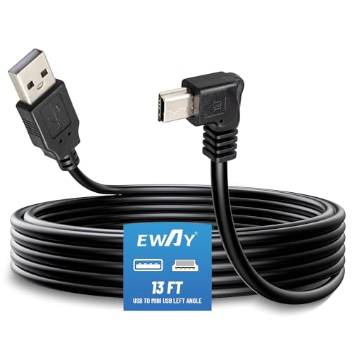 EWAY Mini USB Dash Cam Power Cable 13ft, for Rexing V1 Pro V5 V3 Byakov S6 Rove R2-4K Dashcam Dashboard Camera Recorder, USB 2.0 A to 90 Degree Left Angle Mini-B Charging Cord Car Charger Adapter -  DASH-MINI