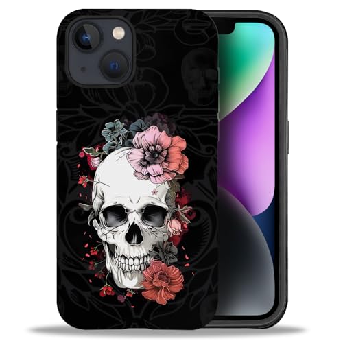 yicomon Compatible with iPhone 13/iPhone 14 Case，Skull Red Flower Floral Pattern Print Matte Phone Case Durable Fashion Funny Liquid Silicone Case Soft Anti-Scratch Shockproof Protective Cover