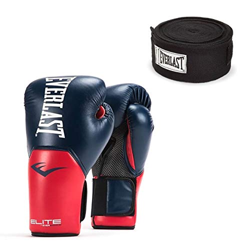 Everlast Navy/Red Elite Pro Style Training Boxing Gloves 16 Ounce and Black 120 Inch Hand Wraps