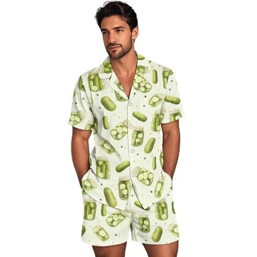 ZIATUBLES Conjunto de pijama para hombre, conjunto de ropa de dormir de verano, ropa de dormir suave, cuello de muesca, pantalón corto con bolsillos, Pepino verde, L