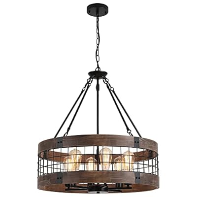 LamQee 24 Inch Farmhouse Dining Room Light Fixture, 6 Lights Modern Farmhouse Chandelier with Wood and Black Metal Shade, Large Rustic Chandeliers Hanging Pendant Lighting for Kitchen Entryway Foyer