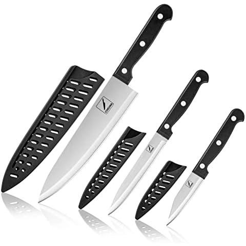 COKUMA Kitchen Knife, 3-Pcs Knife Set With Sheath, 8 Inch Chef Knife, 4.5 Inch Utility Knife, 4 Inch Paring Chef Knife, Stainless Steel, Black Cover