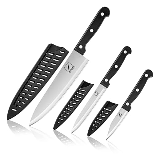 COKUMA Kitchen Knife, 3-Pcs Knife Set With Sheath, 8 Inch Chef Knife, 4.5 Inch Utility Knife, 4 Inch Paring Chef Knife, Stainless Steel, Black