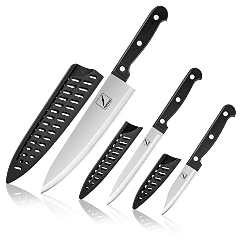 COKUMA Kitchen Knife, 3-Pcs Knife Set With Sheath, 8 Inch Chef Knife, 4.5 Inch Utility Knife, 4 Inch Paring Chef Knife, Stainless Steel, Black by COKUMA - Used condition - US$7.54