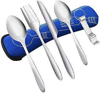 KBNIAN 5 Pcs Camping Cutlery Set Portable Cutlery Set with Knife Fork Spoon Bottle Opener Stainless Steel Flatware Outdoor Camping Utensil Set with Neoprene Bag for Travel Camping Office School