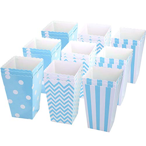 MOOKLIN 36 Piezas Caja de Fiesta de Palomitas Bolsas Papel para Caramelo Bolsa de Palomitas de maíz Rayas para Bocados del Partido, Galletas, Dulces, Palomitas y Regalos - Azul Claro