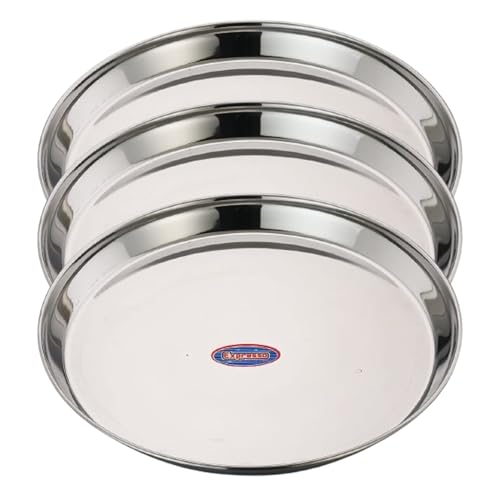 Image of Expresso Round Steel Dinner Plates Thali Mess Thali for Daily Use | Heavy-Duty Stainless Steel Plate | Traditional Indian Dinner Plate | Rust-Free & Durable - 3 Pcs Set - 7 Inches