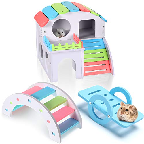 Skylety 3 Pieces Fun Hamster Toys Guinea Pig Hideout Include PVC Hamster House, Rainbow Bridge, Seesaw Toy DIY Exercise Play Toys for Rats Mouse Small Animals (Large, Rainbow Color)