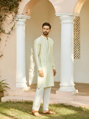 Image of See Designs Men Full Sleeve Chanderi Silk Sequins Mandarin Collar Side Slit Kurta With Pyjama