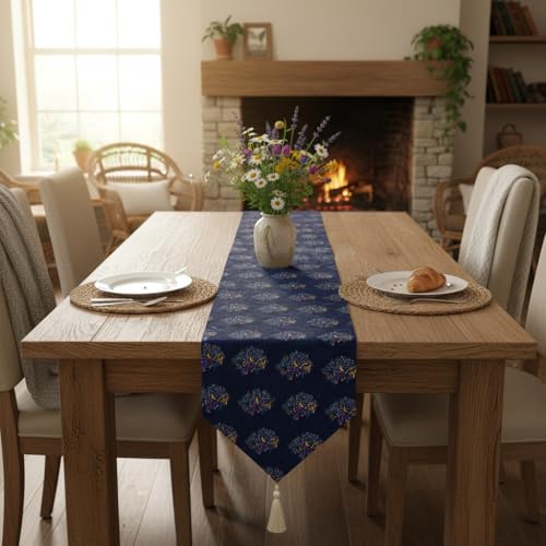 Image of COZY FURNISH Floral Printed Microfiber Cotton Table Runner for 6 Seater Dining Table & Runner with Tassels - 13x72 Inches Decorative Home Kitchen Table Linen