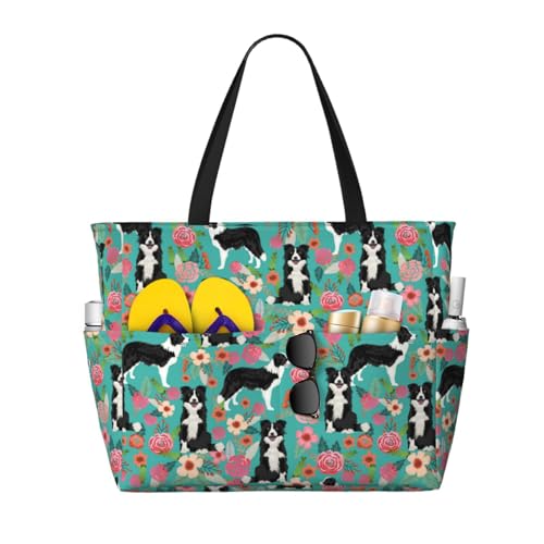 Sac à bandoulière Border Collie floral, grand sac de plage cabas fourre-tout pour femme