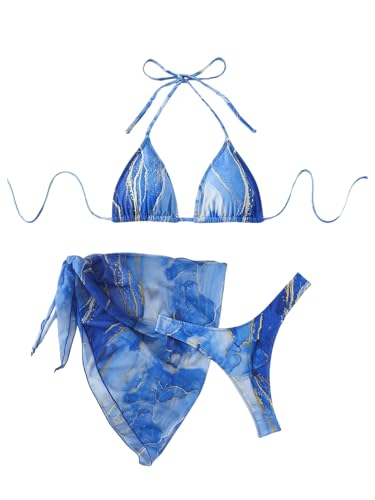 Verdusa Women's 3 Piece Graphic Halter Bikini Sets Self Tie Swimsuit with Cover Up Skirt