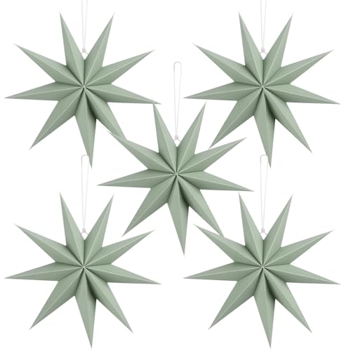 Image of 12 Inches 5 PCS Sage Green Paper Star Lanterns Christmas Party Decorations Hanging Stars Christmas Party Decorations Wedding Birthday Christmas Home Party Decorations(9 Pointed)