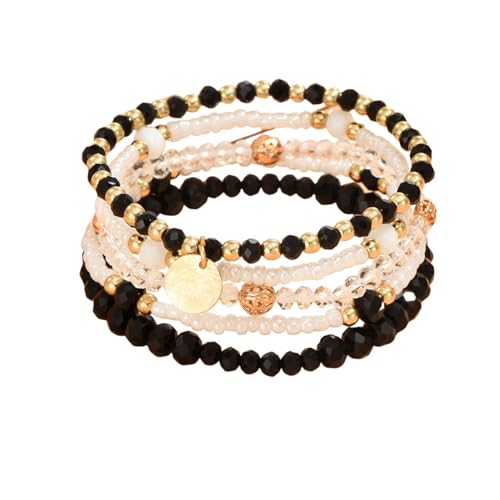 xuzhiyuan Boho Stackable Beaded Bracelet Set – 5Pcs Colorful Elastic Layered Bracelets with Gold Accents Coin, Trendy Summer Jewelry for Women