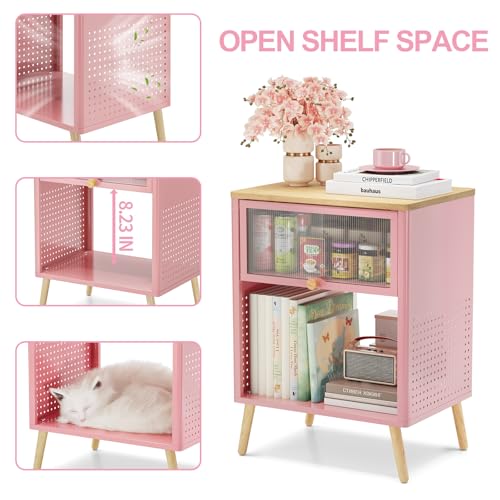 Cute-Nightstand-Small-End-Tables-with-Storage-Drawer-Metal-Side-Table-Kids-Night-Stand-Bedside-Table-Wood-Top-Modern-Side-Table-for-Living-Room-Girls-Bedroom-Dorm-OfficePink Cute Nightstand Small End Tables with Storage Drawer Metal Side Table Kids Night Stand Bedside Table Wood Top Modern Side Table for Living Room Girls Bedroom Dorm OfficePink