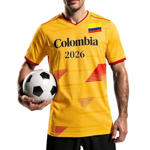 Maillot de Foot Colombie 2026 Tee Shirt Homme Sport Imprimé Colombia et Drapeau T-Shirts à Manches Courtes Homme Col V Oversize Haut de Fan Respirant pour...