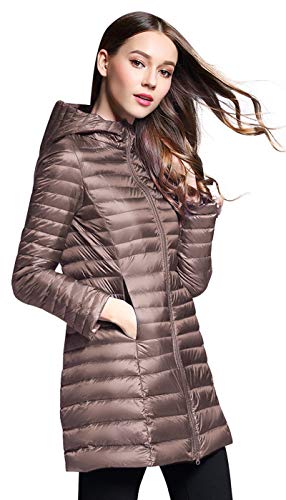 Elezay Women's Puffer Jacket Packable Plus Size Hooded Two-Way Zipper Down Coat Xl, Khaki #TOP2