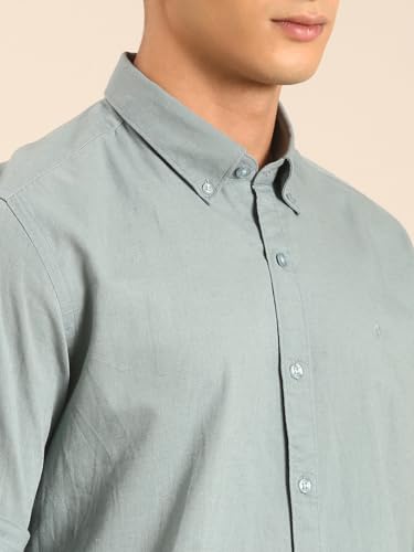Image of Cavallo by Linen Club Men's Blended Linen Sage Solid Contemporary Fit Full Sleeve Casual Shirt