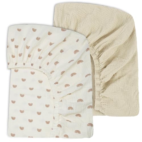Image of Ultra Soft Muslin Crib Sheets for Baby, Premium Breathable Organic Cotton Crib Fitted Sheet for 52''x28''Standard Crib and Toddler Mattress,2 Pack Beige&Rainbow