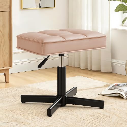 Image of LUE BONA Adjustable Vanity Stool, 15''-19.5'' Foot Rest Under Desk, 360 Swivel Vanity Chair for Makeup Room, Rose Gold Upholstered Faux Leather Ottoman for Bathroom & Living Room, 300lbs
