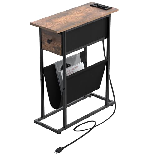 Image of EXOTICA Small Narrow End Table with Charging Station and USB Ports Slim Sofa Side Table with Fabric Drawer Record Stand Vinyl Regal Storage for Small Space in Living Room Bedroom Rustic Brown