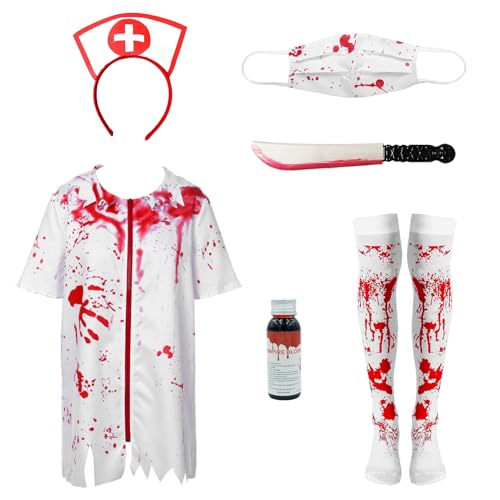 SERTAS Bloody Nurse Costume for Women,Womens Halloween Costumes Adult,NurseCostume with Bloody Machete,Zombie CostumeAdult,Nurse HalloweenCostume,Scary Halloween Costumes (S)