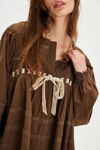 Y2k Women Lace Bow Tie Front Mini Dress Flowy Long Puff Sleeve Embroidered Babydoll Tunic Short Dresses A Line3