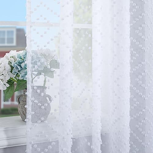 Pitalk White Pom Pom Sheer Curtains 84 Inches Long 2 Panels Boho Sheer Curtains For Nursery Kids Bedroom Diamond Pattern Window Curtains For Living Room Farmhouse Semi Voile Rod Pocket Drapes 52X84 #TOP5