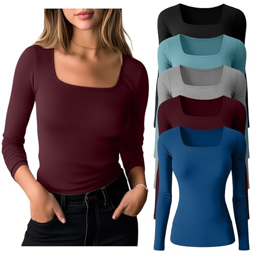 Huukeay 5 Pack Square Neck Tops for Women Multipack Long Sleeve Layer Shirts Cotton Fitted Casual Fall Basic Tee