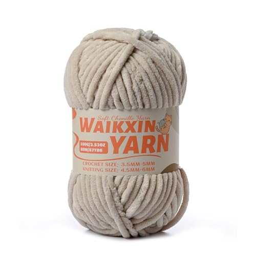 Image of (Light Khaki) Super Soft Fuzzy Chenille Chunky Yarn for Crocheting, 100g (87yds) Velvet Fluffy Amigurumi Yarn for Hand Knitting Baby Blankets Weaving Craft