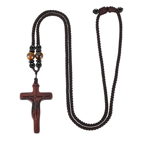 Handmade Wooden Crucifix Cross Necklace with Jesus - Adjustable Braided Cord Cross Necklace for Men Women Religious Jewelry,Catholic Gift for Baptism Confirmation Easter2