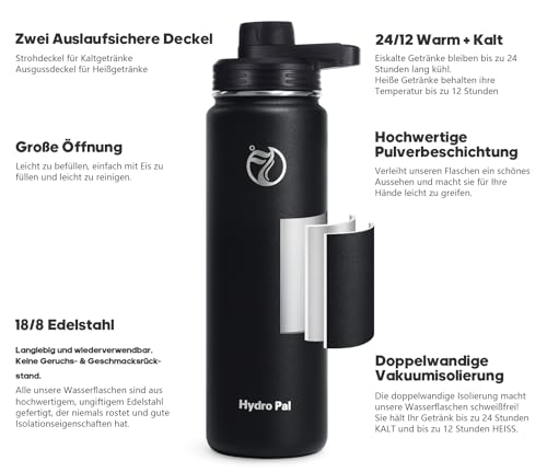 HydroPal Edelstahl Trinkflasche - 500/750ml/ 1L/1.2L/1.9L, BPA-Frei, Kohlensäure geeignet, Isolierte flasche mit Strohhalm & 2 Deckel