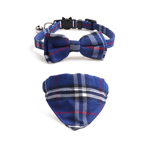 PETFAVORITES Breakaway Katzenhalsband mit Fliege und Glöckchen - Plaid Bandana Kätzchenhalsband für Kitty Teacup Welpen, verstellbar, 2 Stück (blau, 19 bis 26 cm) Cover